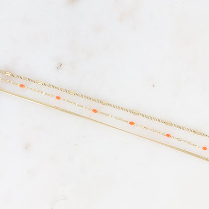 Bracelet 3 rangs - anneau avec maille grain de café émaillée orange, forçat et tubes et miroir (15+3 cm)