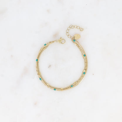 Bracelet 3 rangs - anneau avec maille grain de café émaillée verte, forçat et tubes et miroir (15+3 cm)