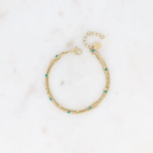 Bracelet 3 rangs - anneau avec maille grain de café émaillée verte, forçat et tubes et miroir (15+3 cm)