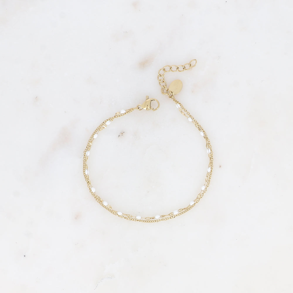 Bracelet 2 rangs - maille grain de café émaillée blanche et forçat (16+3 cm)