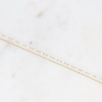 Bracelet 2 rangs - maille grain de café émaillée blanche et forçat (16+3 cm)