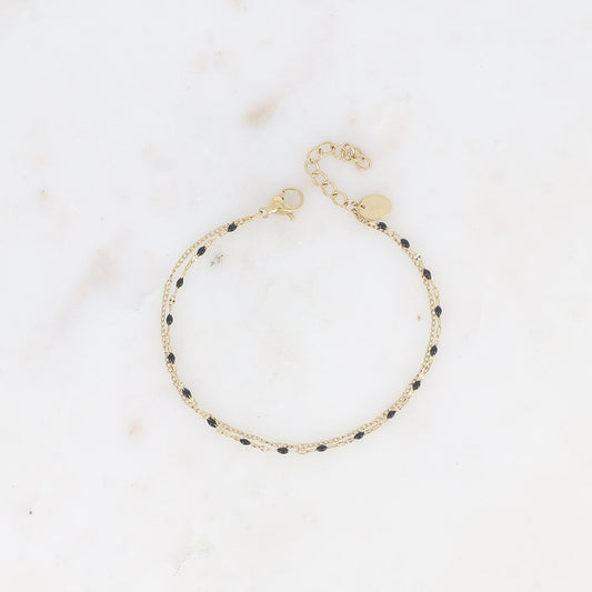 Bracelet 2 rangs - maille grain de café émaillée noire et forçat (16+3 cm)