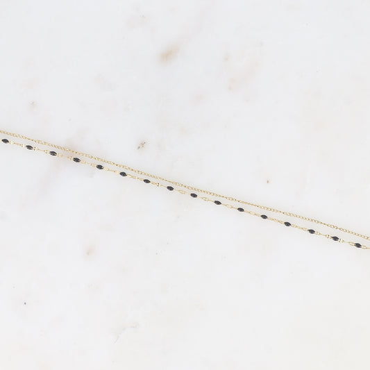 Bracelet 2 rangs - maille grain de café émaillée noire et forçat (16+3 cm)