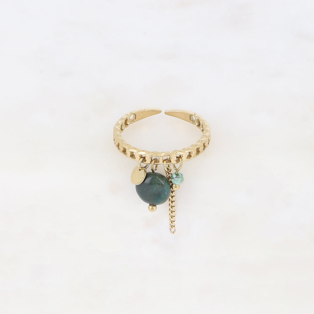Bague à pampilles - anneau effet maille ajourée avec pierres naturelles, pastille ronde et chaîne pendante - jaspe verte