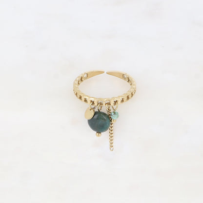 Bague à pampilles - anneau effet maille ajourée avec pierres naturelles, pastille ronde et chaîne pendante - jaspe verte