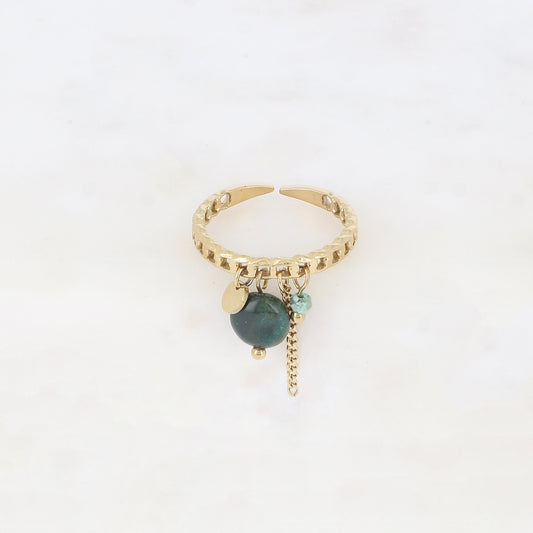 Bague à pampilles - anneau effet maille ajourée avec pierres naturelles, pastille ronde et chaîne pendante - jaspe verte