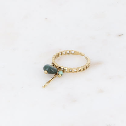 Bague à pampilles - anneau effet maille ajourée avec pierres naturelles, pastille ronde et chaîne pendante - jaspe verte