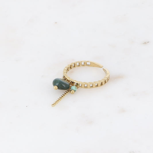Bague à pampilles - anneau effet maille ajourée avec pierres naturelles, pastille ronde et chaîne pendante - jaspe verte