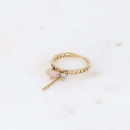 Bague à pampilles - anneau effet maille ajourée avec pierres naturelles, pastille ronde et chaîne pendante - agate rose