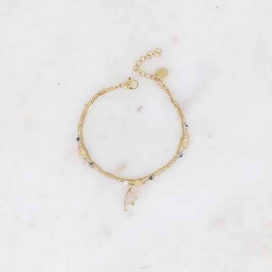 Bracelet 2 rangs - maille forçat alternée, avec boules et pierres naturelles jaspe dalmatien (16+3 cm)