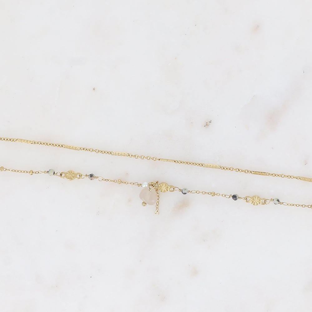 Bracelet 2 rangs - maille forçat alternée, avec boules et pierres naturelles jaspe dalmatien (16+3 cm)