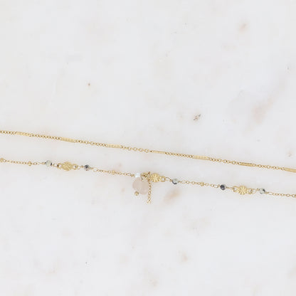 Bracelet 2 rangs - maille forçat alternée, avec boules et pierres naturelles jaspe dalmatien (16+3 cm)