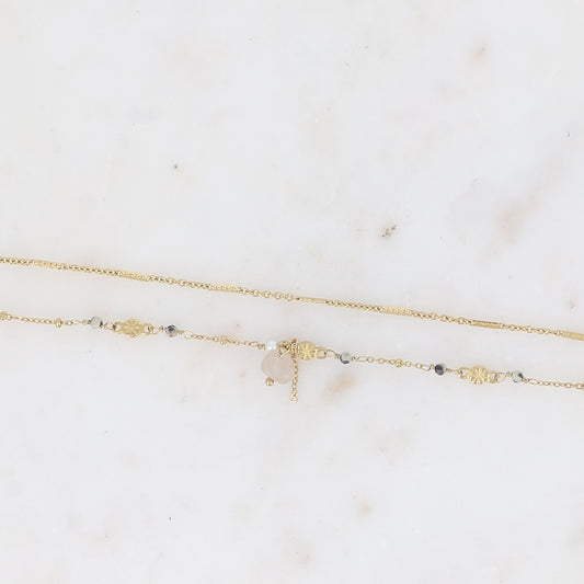 Bracelet 2 rangs - maille forçat alternée, avec boules et pierres naturelles jaspe dalmatien (16+3 cm)