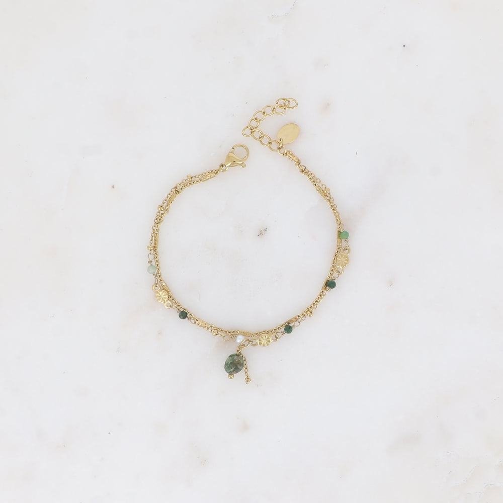 Bracelet 2 rangs - maille forçat alternée, avec boules et pierres naturelles jaspe vert (16+3 cm)