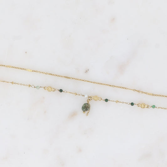 Bracelet 2 rangs - maille forçat alternée, avec boules et pierres naturelles jaspe vert (16+3 cm)