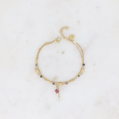 Bracelet 2 rangs - maille forçat alternée, avec boules et pierres naturelles tourmalines (16+3 cm)