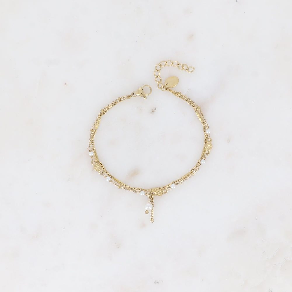Bracelet 2 rangs - maille forçat alternée, avec boules et perles d'eau douce (16+3 cm)