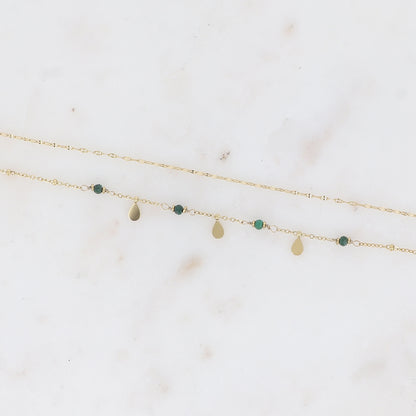 Bracelet 2 rangs - maille café plat, boules avec pampilles gouttes et pierres naturelles rondes jaspe vert (16+3 cm)