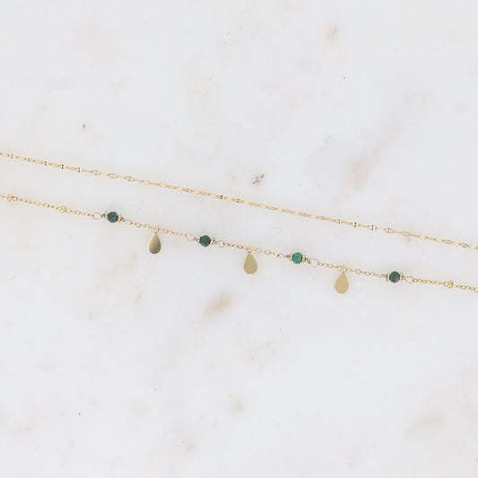 Bracelet 2 rangs - maille café plat, boules avec pampilles gouttes et pierres naturelles rondes jaspe vert (16+3 cm)