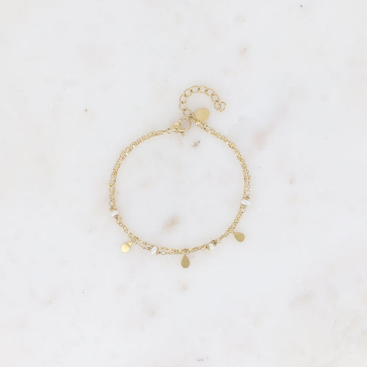 Bracelet 2 rangs - maille café plat, boules avec pampilles gouttes et pierres naturelles rondes perles d'eau douce