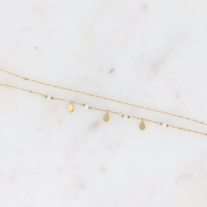 Bracelet 2 rangs - maille café plat, boules avec pampilles gouttes et pierres naturelles rondes perles d'eau douce