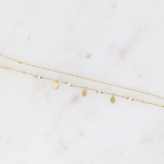 Bracelet 2 rangs - maille café plat, boules avec pampilles gouttes et pierres naturelles rondes perles d'eau douce