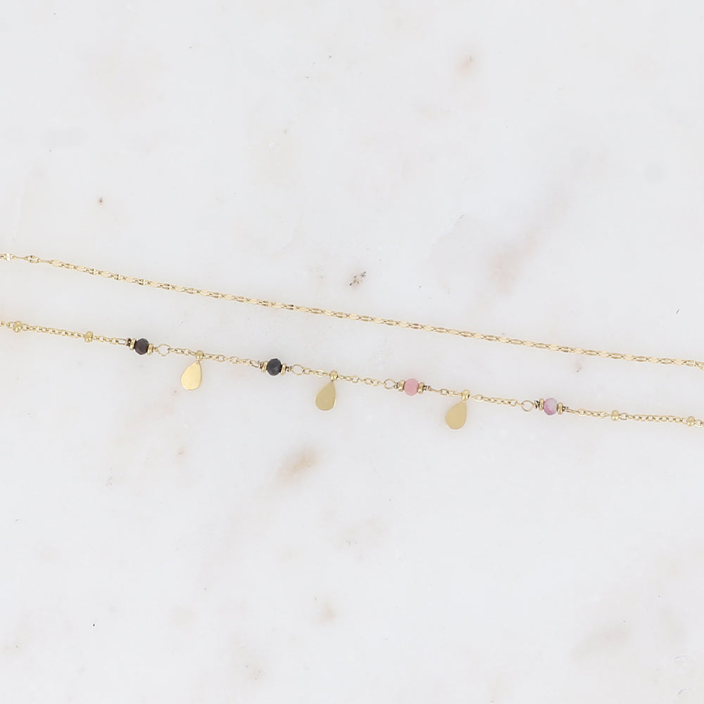 Bracelet 2 rangs - maille café plat, boules avec pampilles gouttes et pierres naturelles rondes tourmaline
