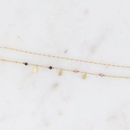 Bracelet 2 rangs - maille café plat, boules avec pampilles gouttes et pierres naturelles rondes tourmaline