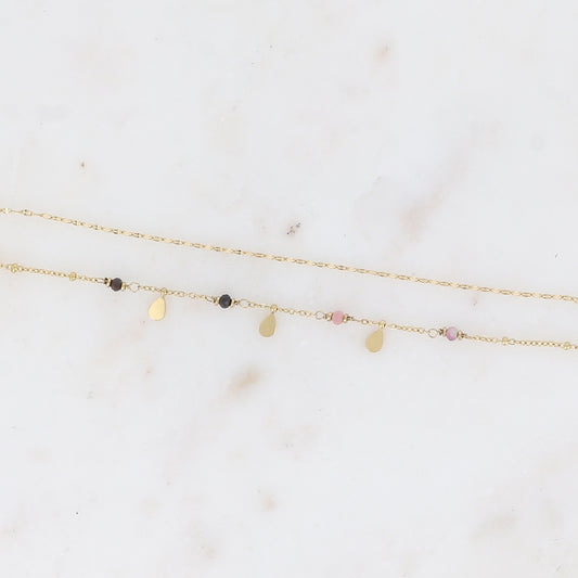 Bracelet 2 rangs - maille café plat, boules avec pampilles gouttes et pierres naturelles rondes tourmaline