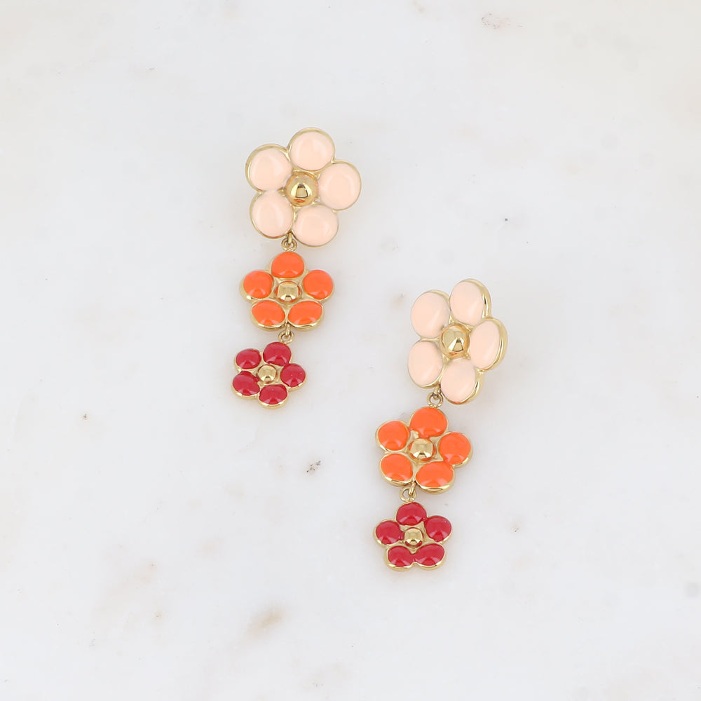 Boucles pendantes - 3 fleurs en émail orange 22x59 mm
