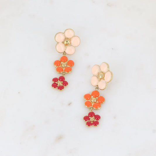 Boucles pendantes - 3 fleurs en émail orange 22x59 mm
