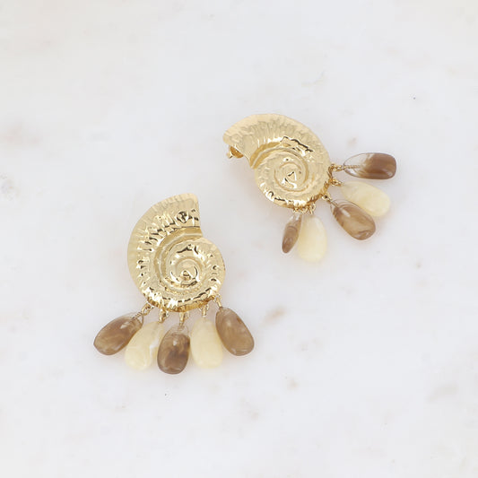 Boucles pendantes - coquillage escargot avec 5 perles gouttes acétates beiges 38x60 mm