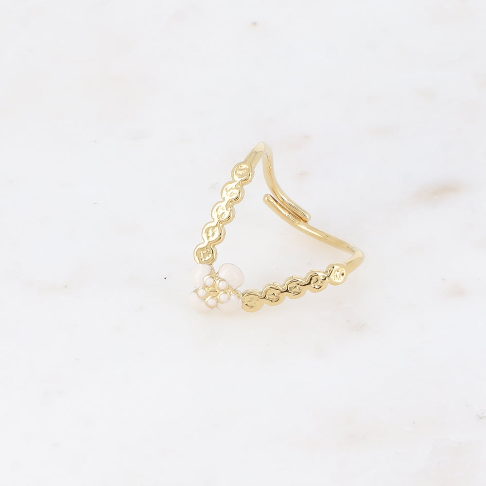 Bague en V - fleur en émail rosé