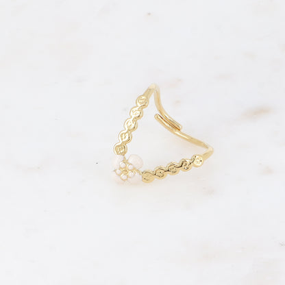 Bague en V - fleur en émail rosé
