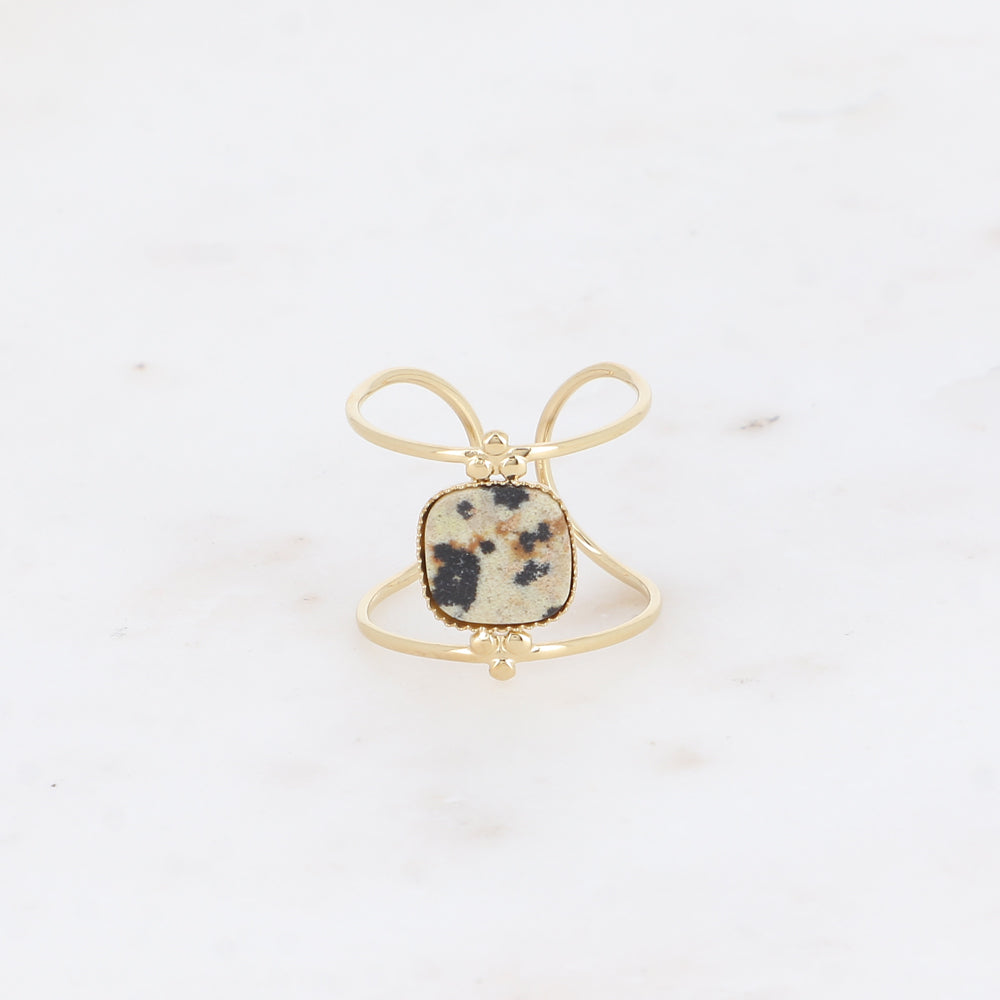Bague large - 2 anneaux fins et pierre naturelle carrée plate - jaspe dalmatien