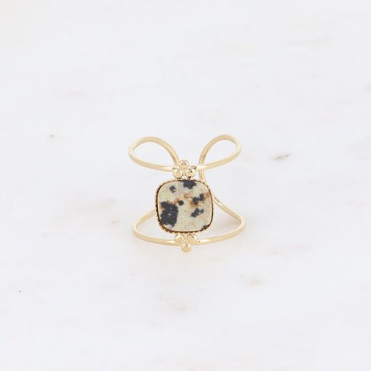 Bague large - 2 anneaux fins et pierre naturelle carrée plate - jaspe dalmatien