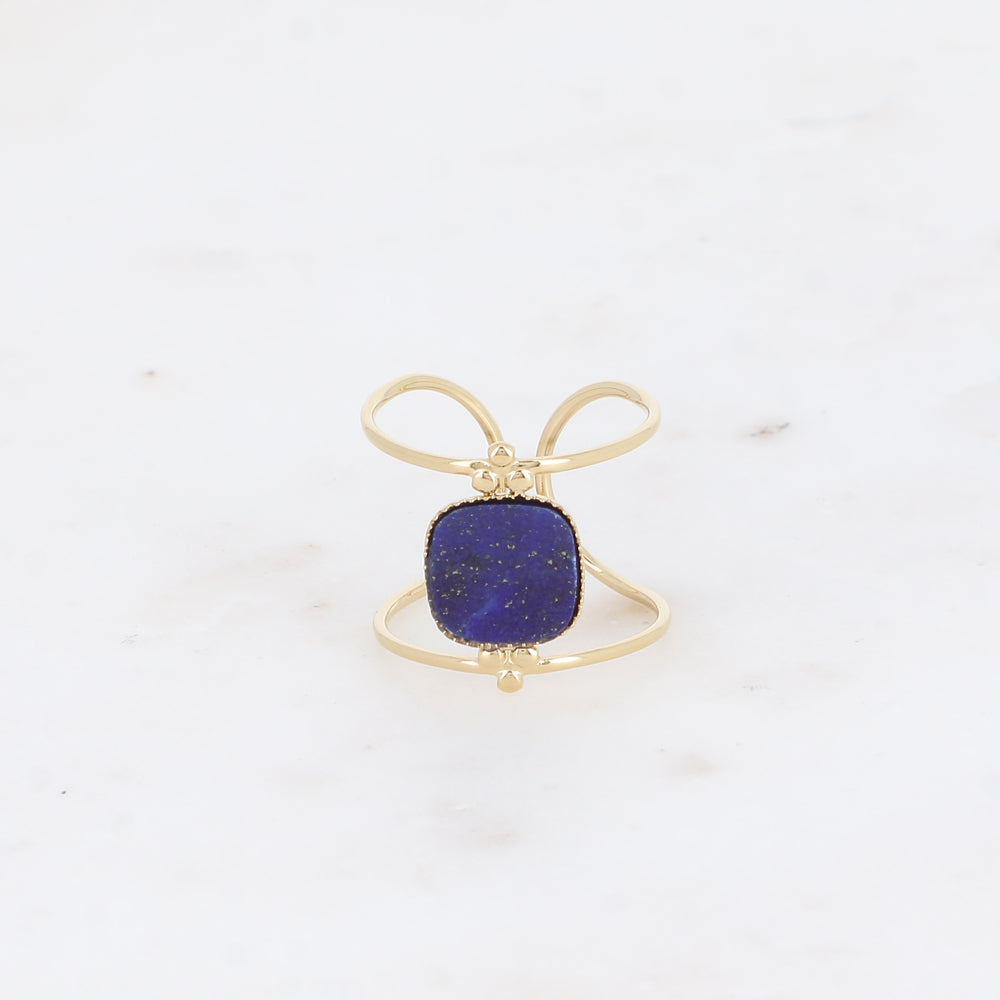 Bague large - 2 anneaux fins et pierre naturelle carrée plate - lapis lazuli