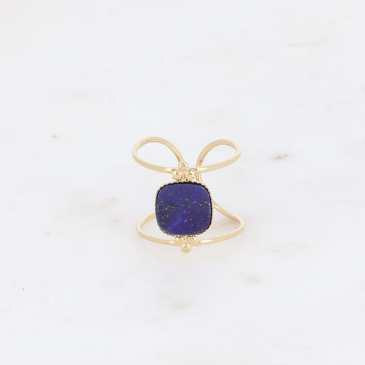 Bague large - 2 anneaux fins et pierre naturelle carrée plate - lapis lazuli