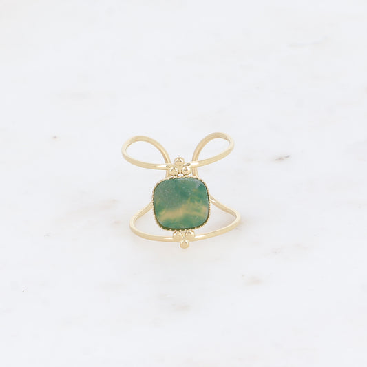 Bague large - 2 anneaux fins et pierre naturelle carrée plate - jaspe verte