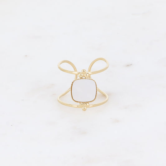 Bague large - 2 anneaux fins et pierre naturelle carrée plate - nacre