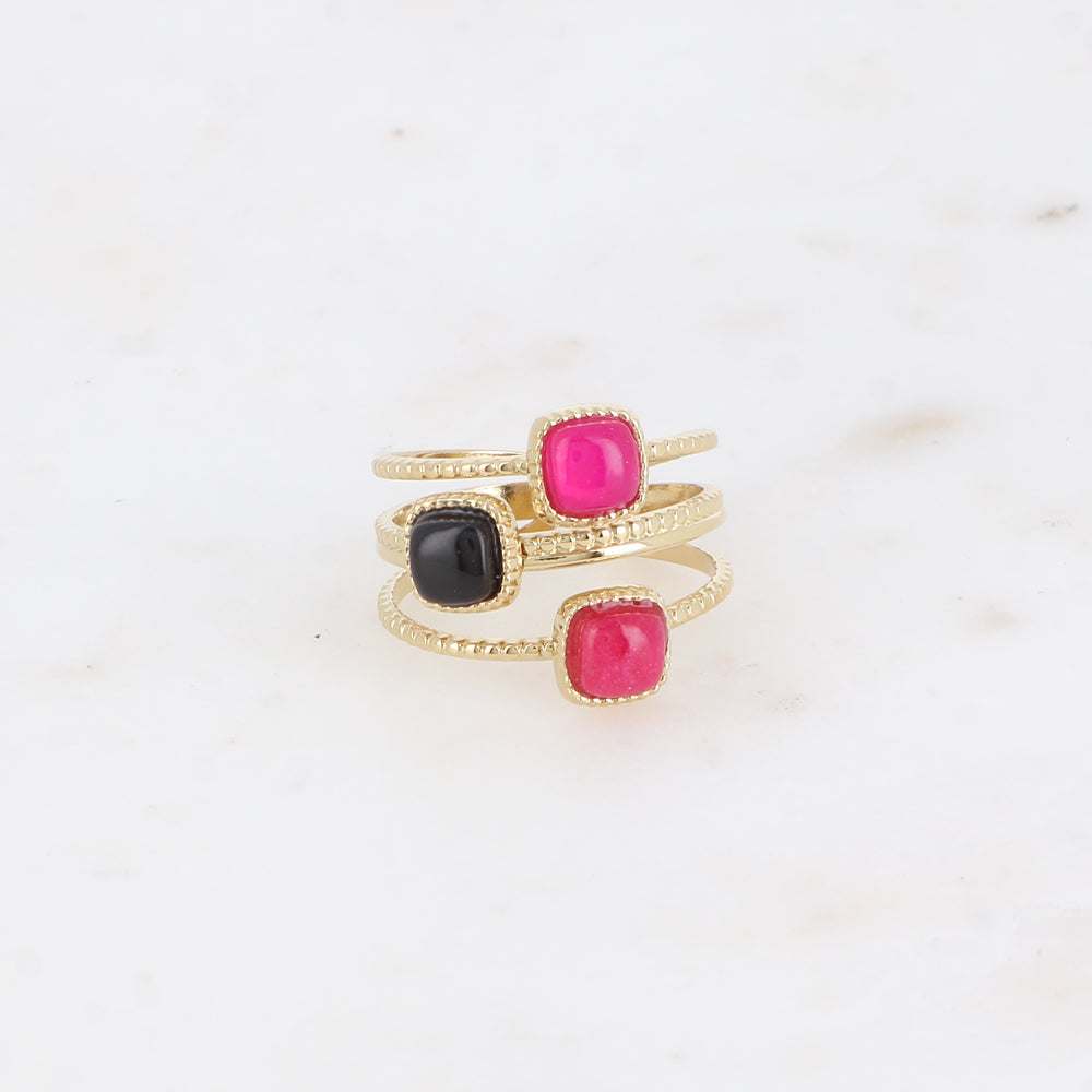 Bague - 3 anneaux mil grain, 3 pierres naturelles carrées tourmaline