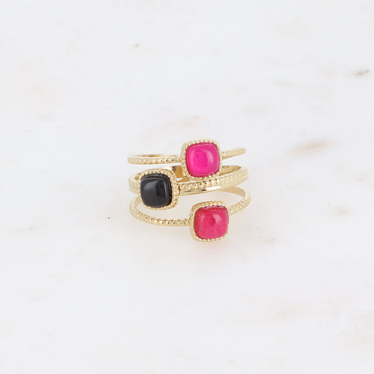 Bague - 3 anneaux mil grain, 3 pierres naturelles carrées tourmaline