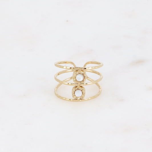 Bague - 3 anneaux martelés, 2 pierres naturelles rondes nacre blanche