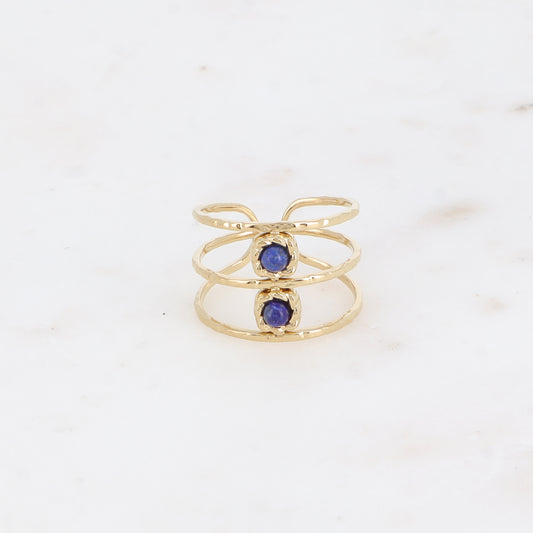 Bague - 3 anneaux martelés, 2 pierres naturelles rondes lapis lazuli