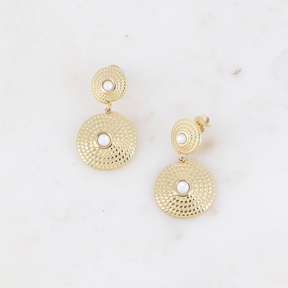 Boucles pendantes - 2 pièces rondelles tressées avec pierres naturelles nacre blanche 20x38 mm