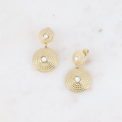 Boucles pendantes - 2 pièces rondelles tressées avec pierres naturelles nacre blanche 20x38 mm