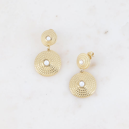 Boucles pendantes - 2 pièces rondelles tressées avec pierres naturelles nacre blanche 20x38 mm