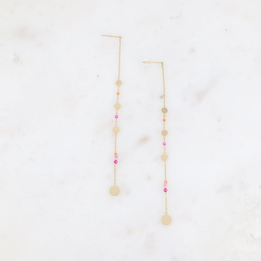 Boucles pendantes - pampilles rondes, rocailles et pierres naturelles fuchsia 6x110 mm