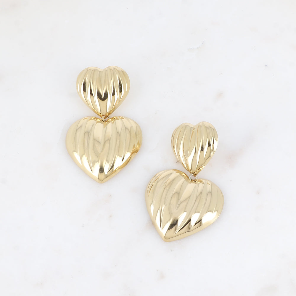 Boucles pendantes - double cœur strié 36x56 mm