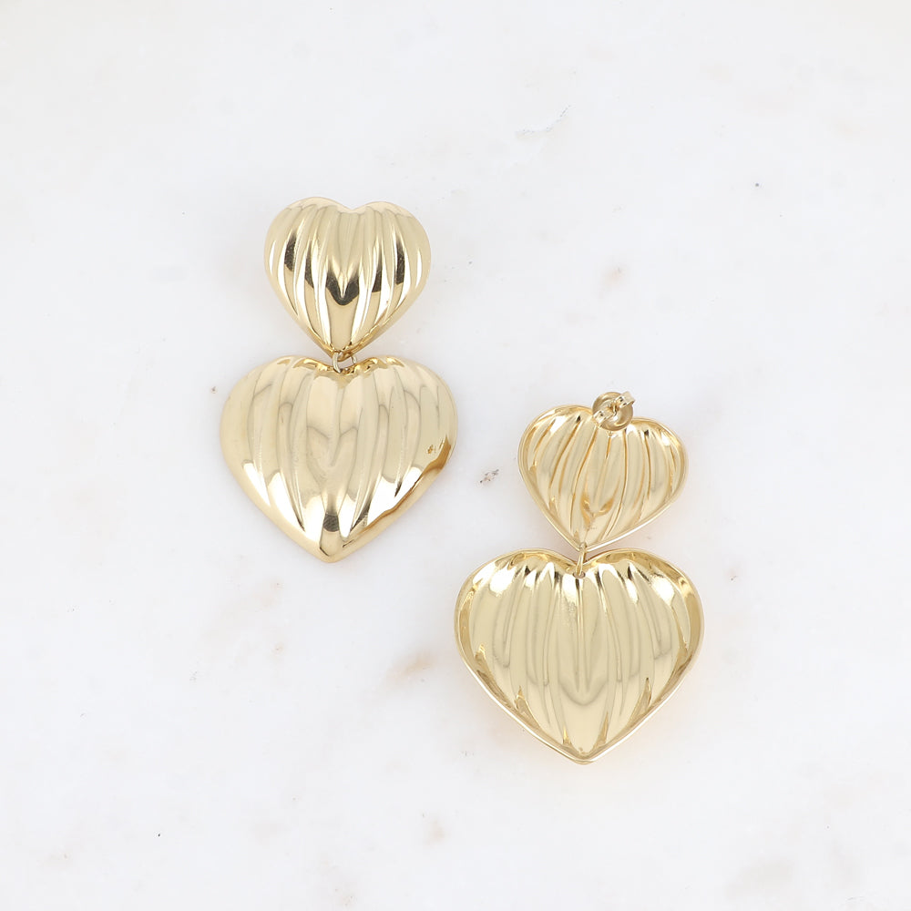 Boucles pendantes - double cœur strié 36x56 mm